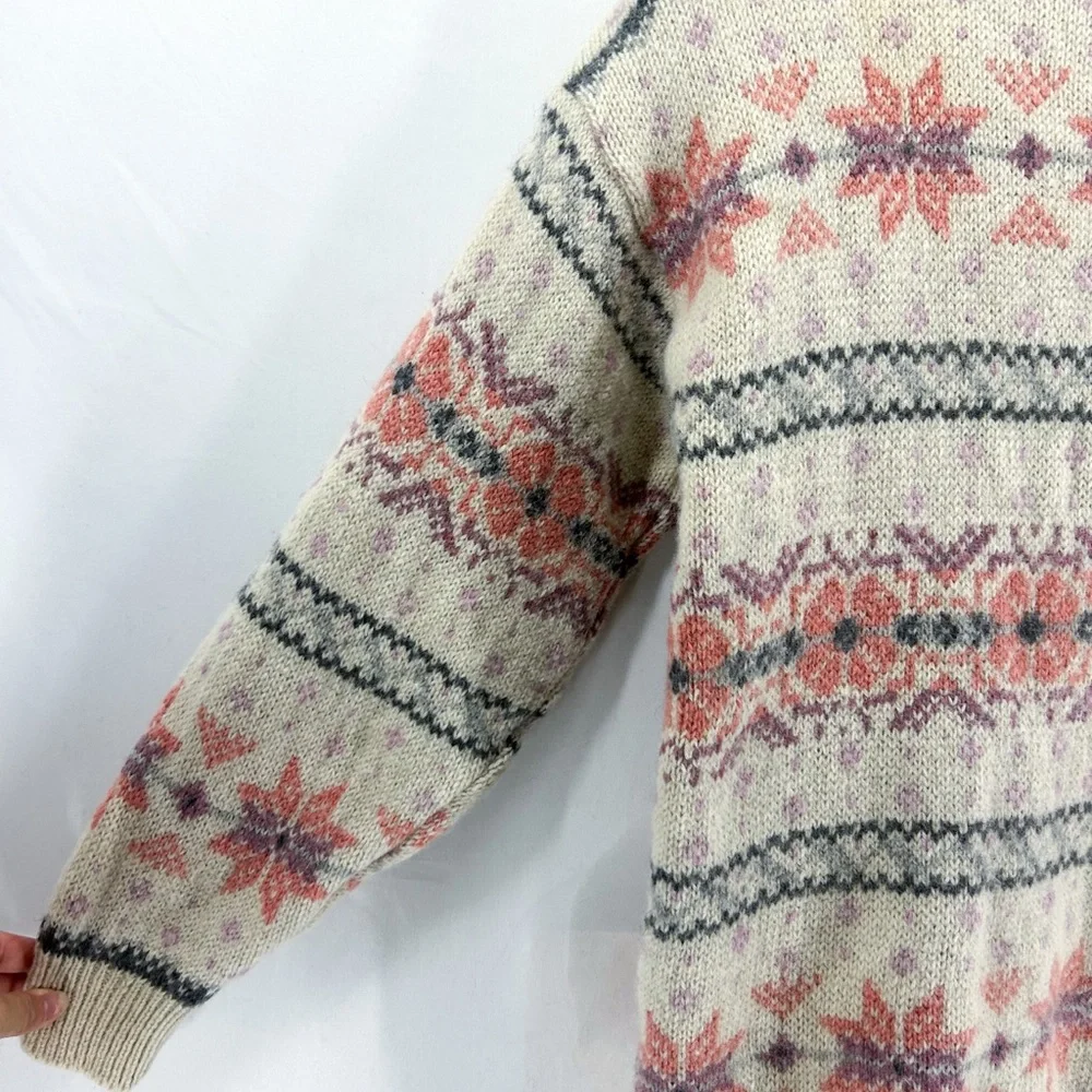 Vintage Eddie Bauer Cream Pink Wool Snowflake Fair Isle Christmas Sweater
